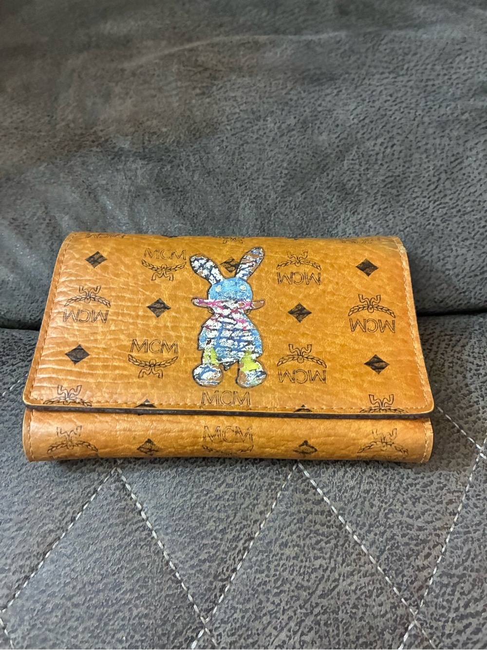 MCM Cognac Visetos Wallet with Multicolor Bunny Motif